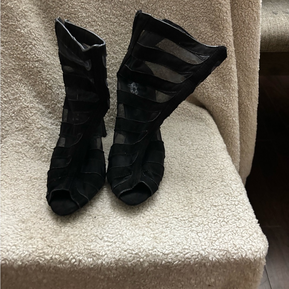 Size 10 Women’s black suede feel & mesh patterned peek-boo heels-$30